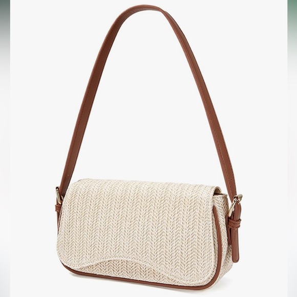 Handbags - *New* Shoulder Bag Purse/Trendy Underarm Crescent - Brown and Raffia Woven